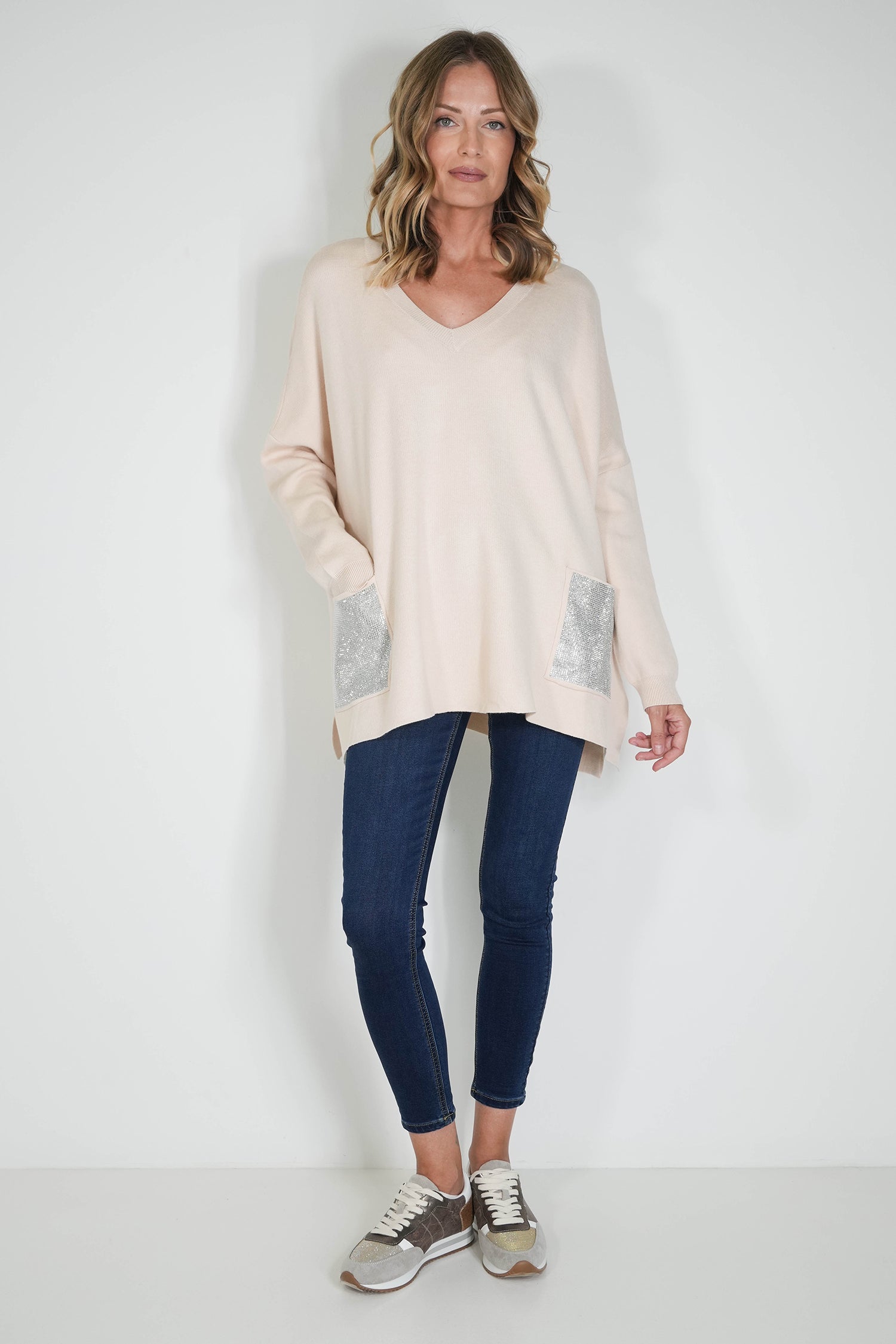 Cream Embellished Pocket Oversized Jumper