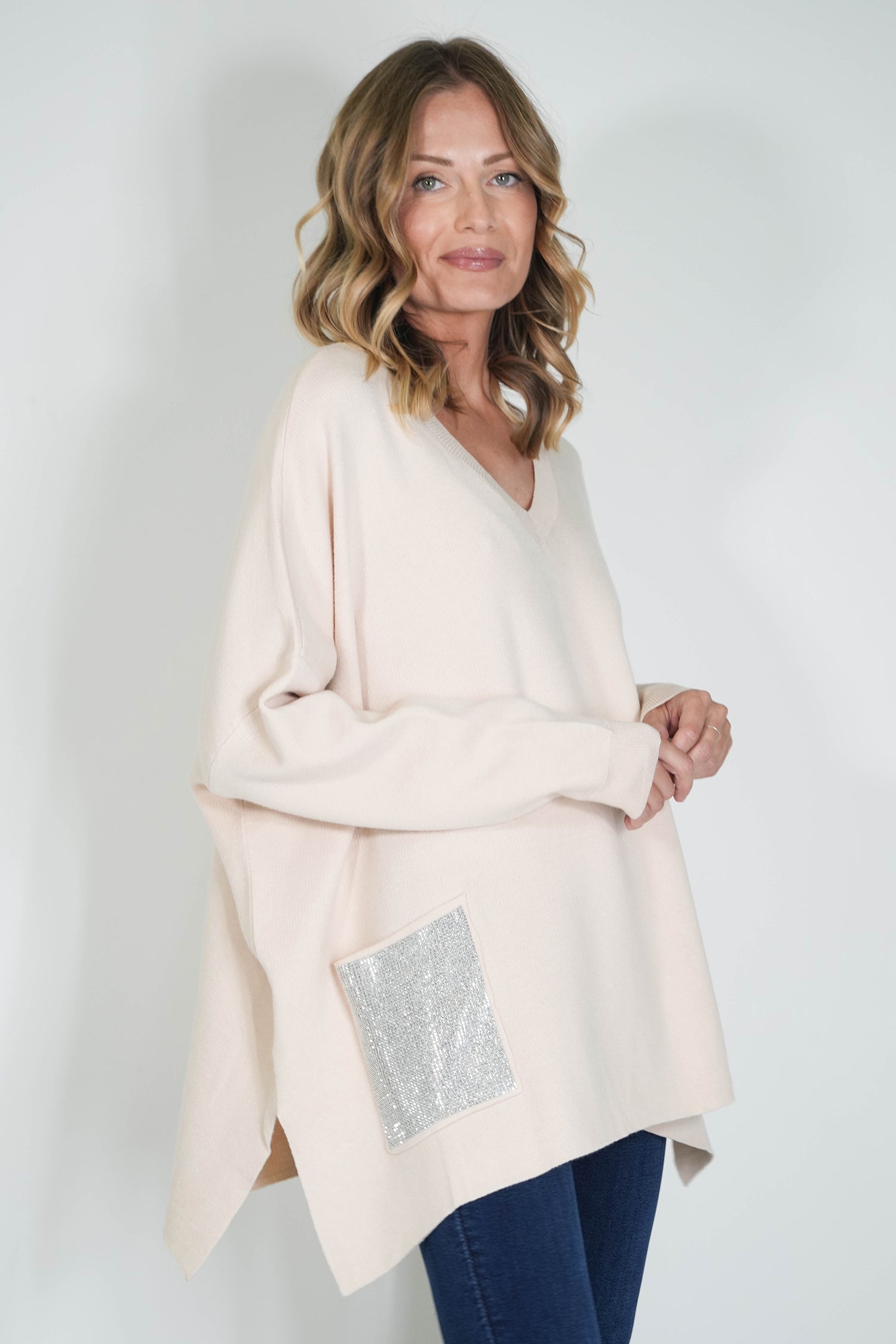 Cream Embellished Pocket Oversized Jumper