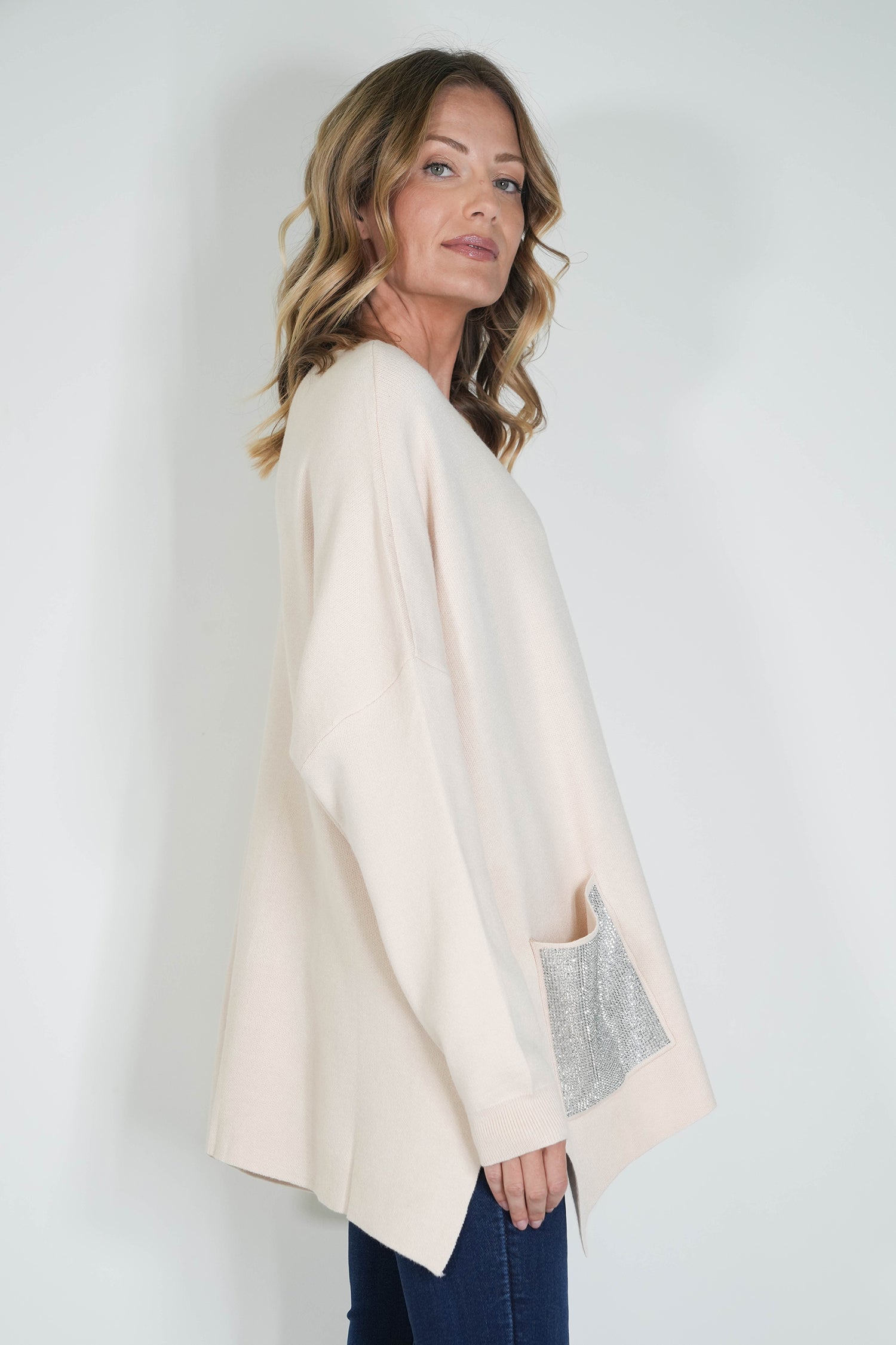 Cream Embellished Pocket Oversized Jumper