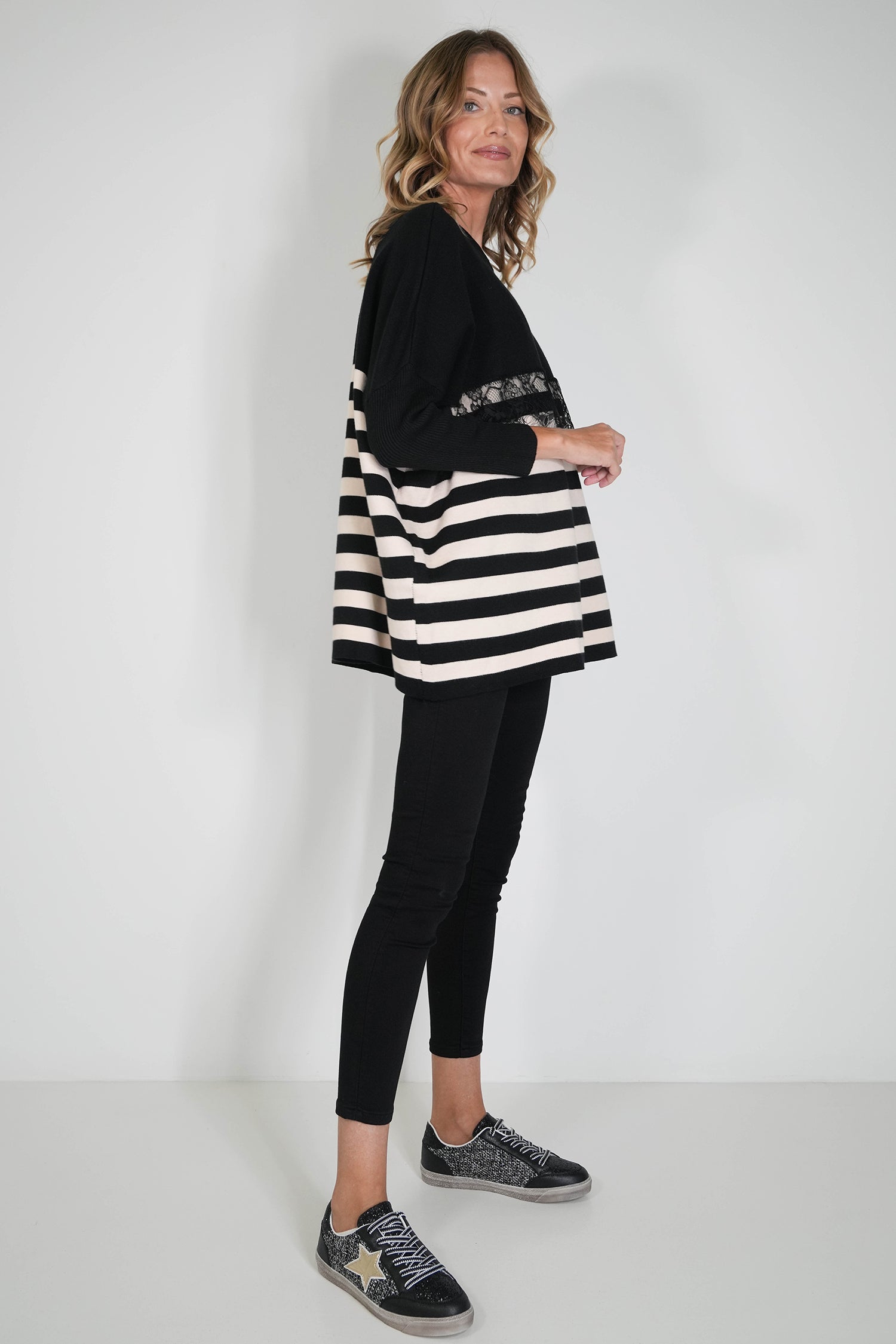 Black Striped Oversize Lace Jumper