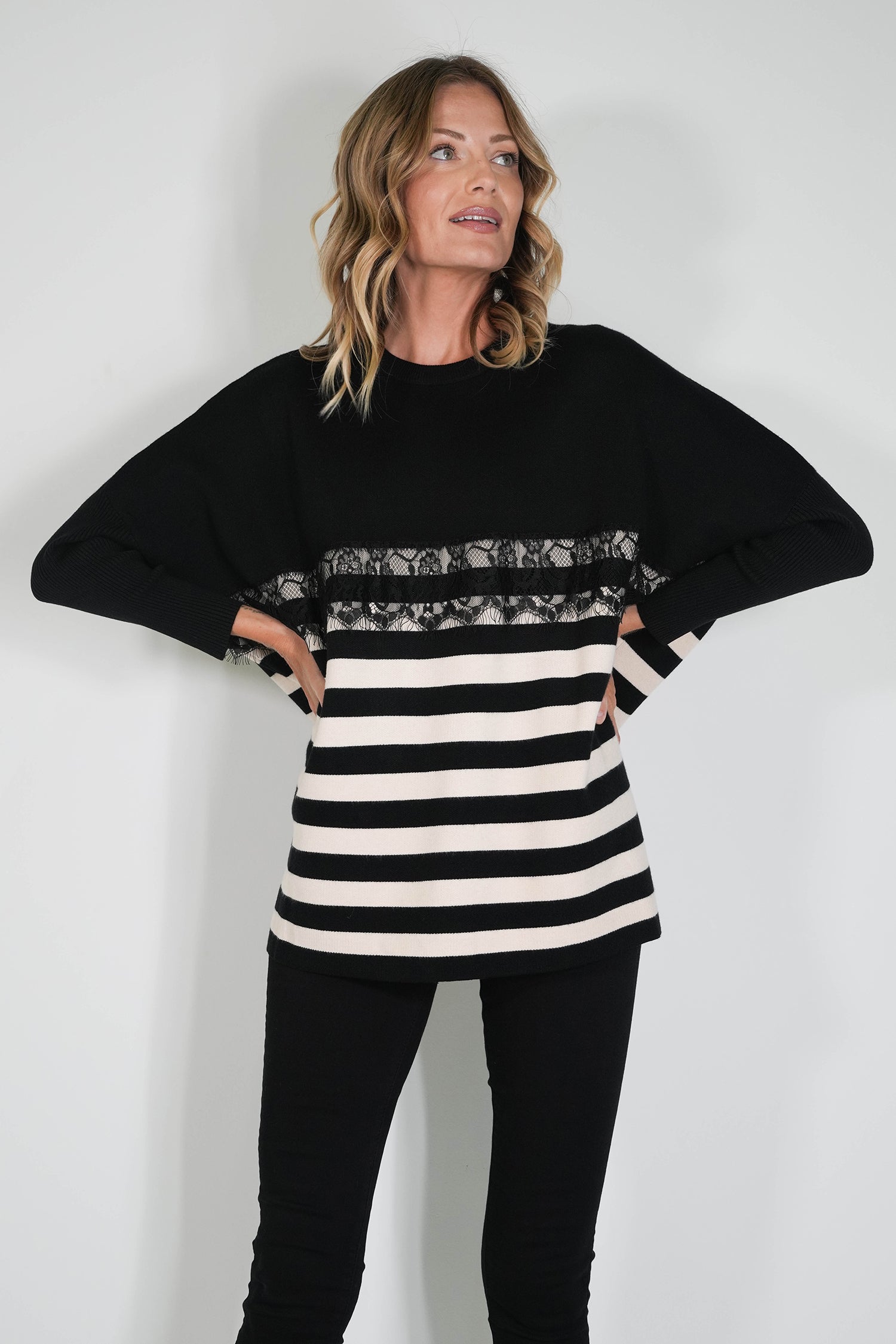 Black Striped Oversize Lace Jumper