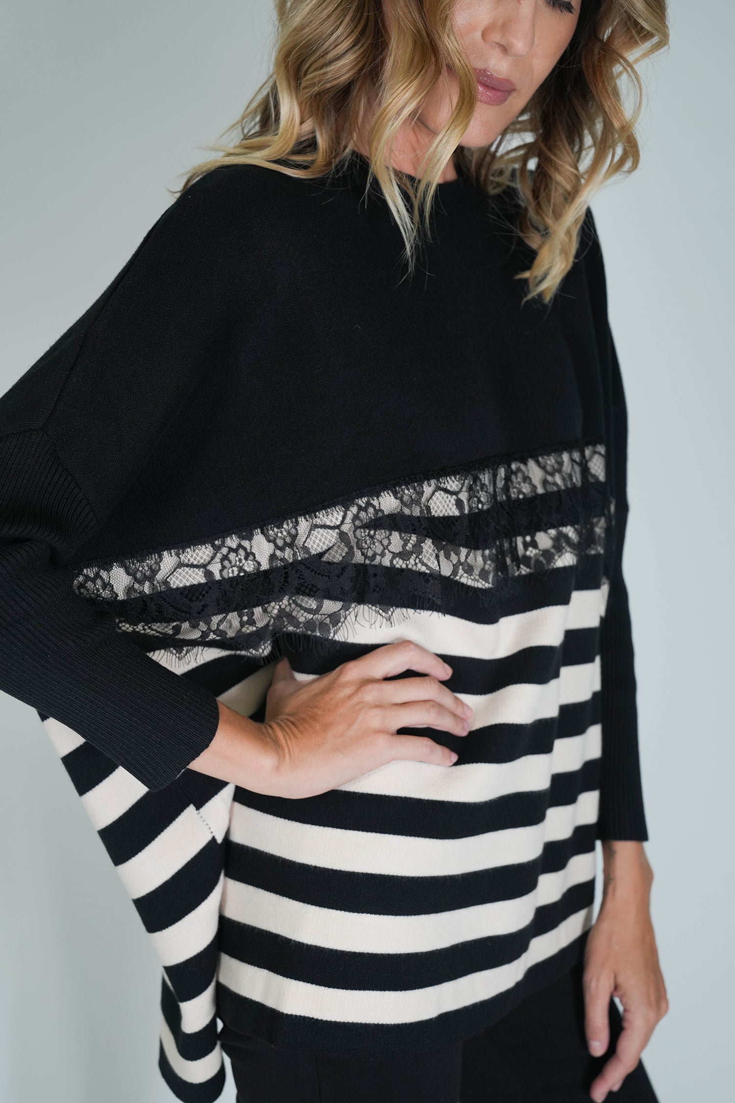 Black Striped Oversize Lace Jumper