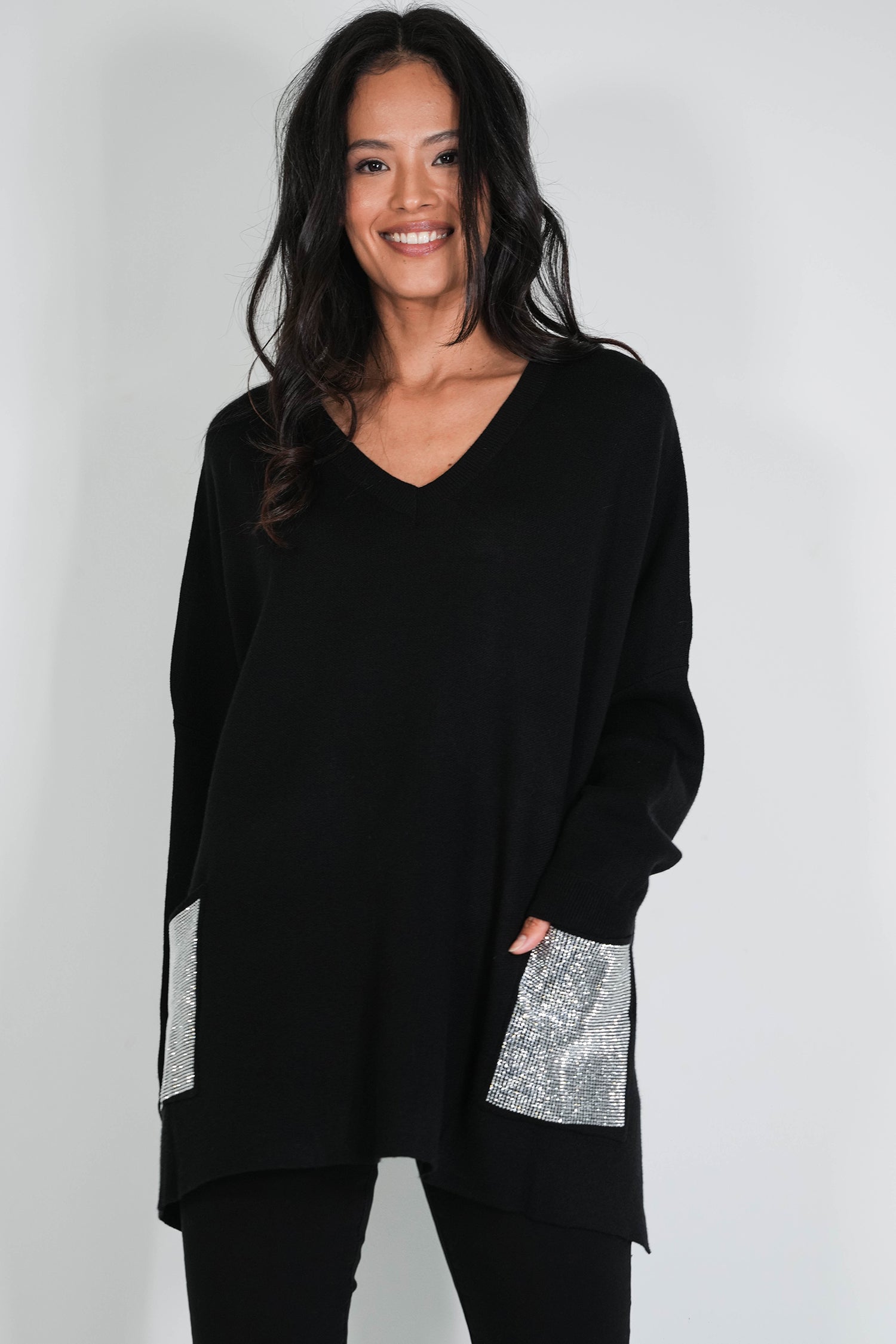 Black Embellished Pocket Oversized Jumper