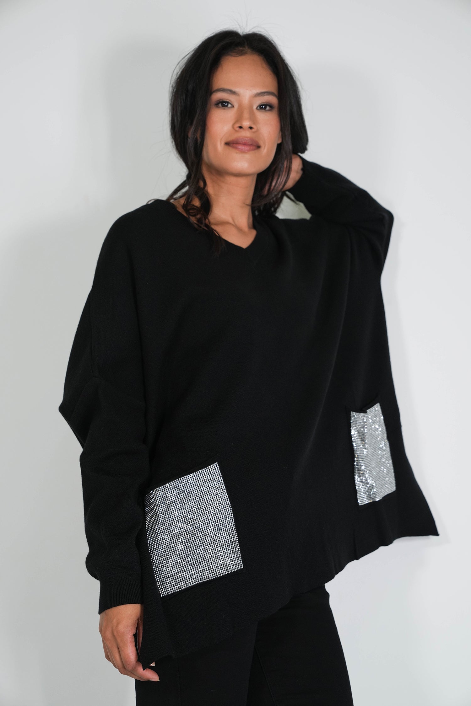 Black Embellished Pocket Oversized Jumper