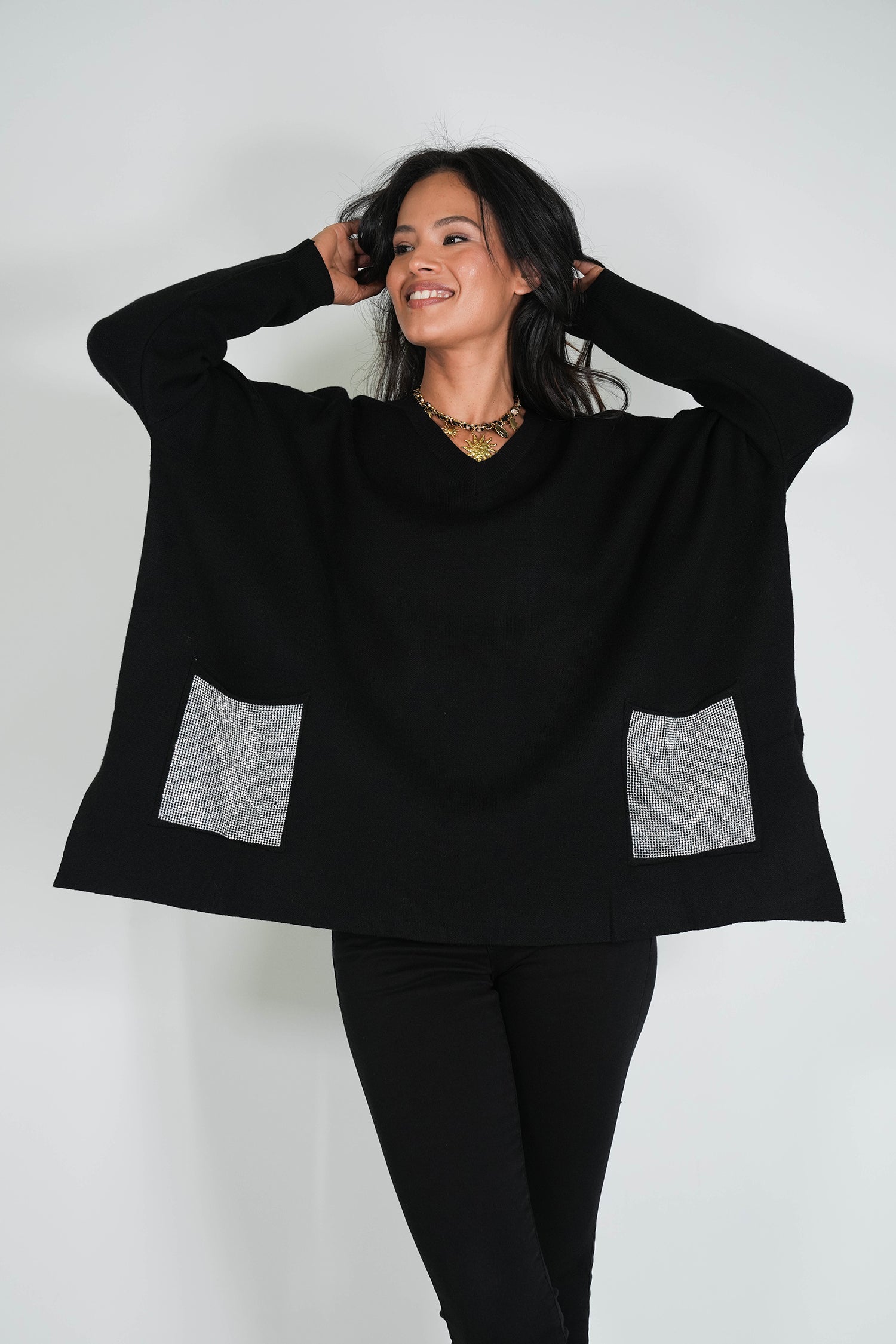 Black Embellished Pocket Oversized Jumper