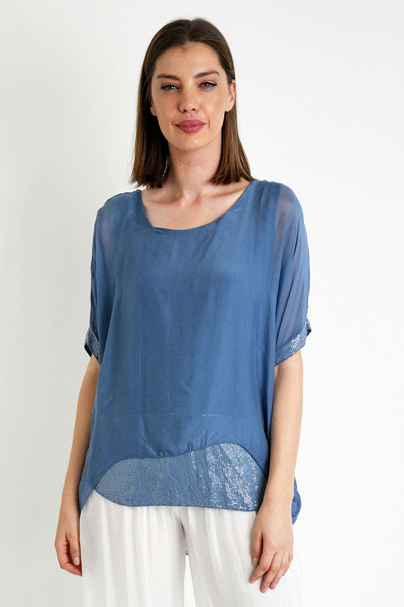 Blue Short Sleeve Sequin Top