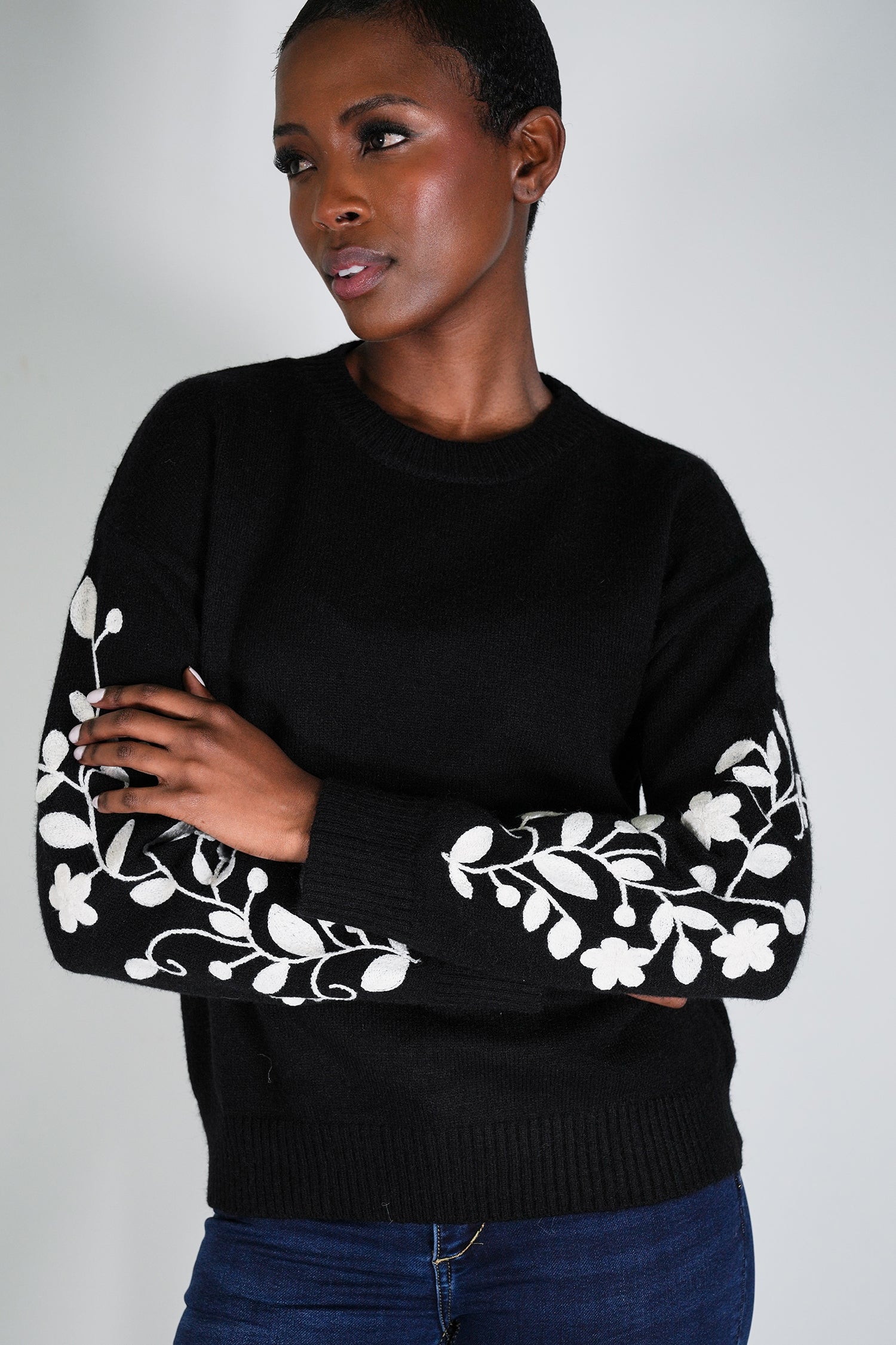 Black Embroidered Sleeve Jumper