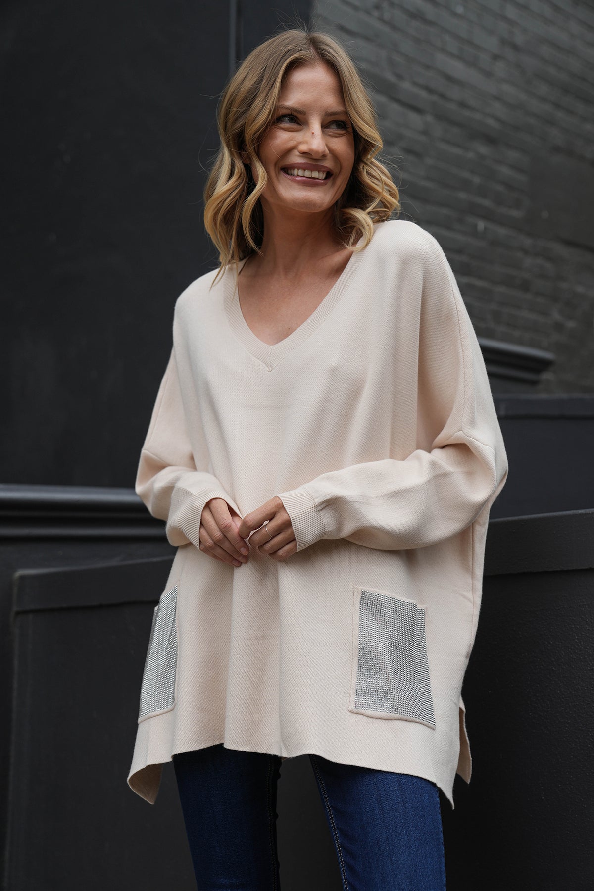 Cream Embellished Pocket Oversized Jumper