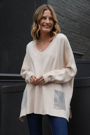 Cream Embellished Pocket Oversized Jumper