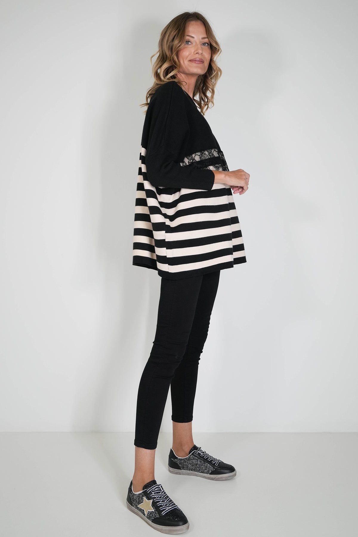 Black Striped Oversize Lace Jumper