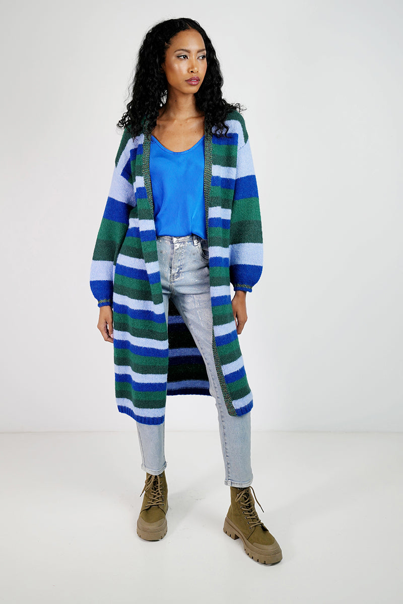 Forest Green and Blue Striped Cosy Longer Length Cardigan