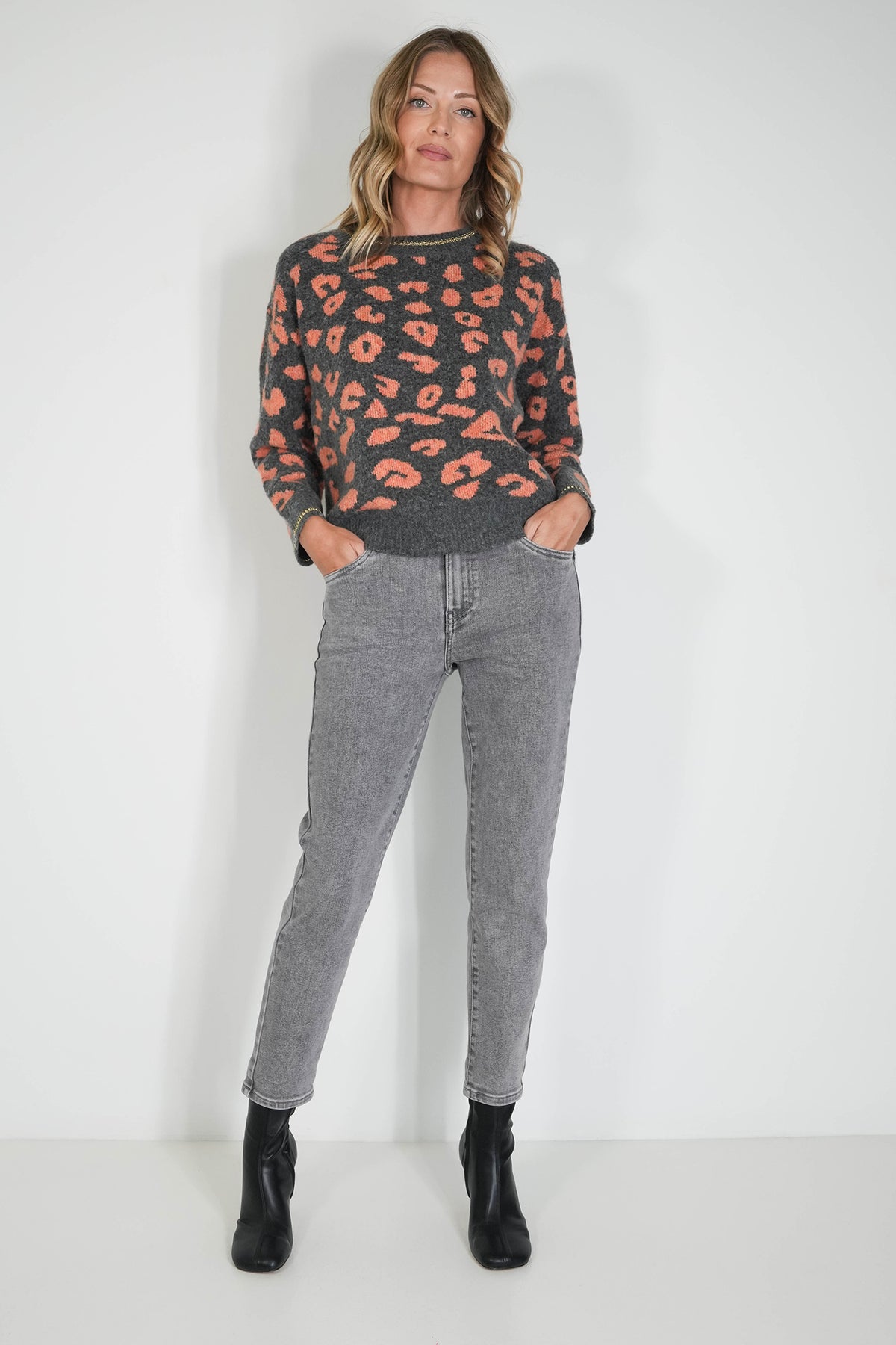 Charcoal and Apricot Leopard Jumper