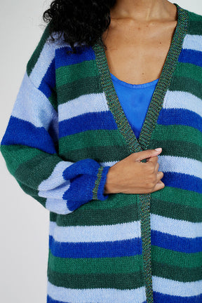 Forrest Green and Blue Striped Cosy Longer Length Cardigan