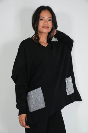Black Embellished Pocket Oversized Jumper