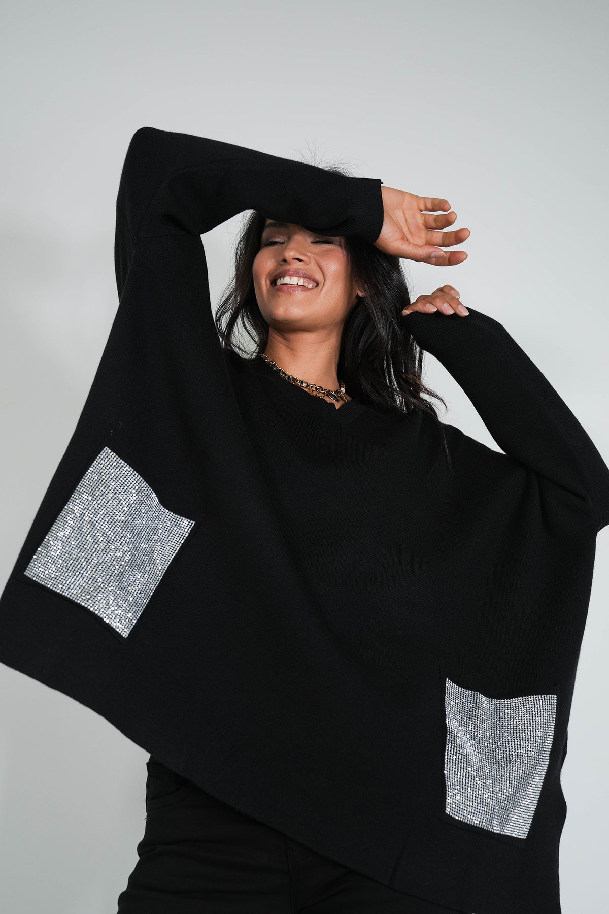 Black Embellished Pocket Oversized Jumper