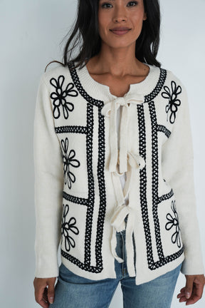 Cream Embroided Bow Cardigan