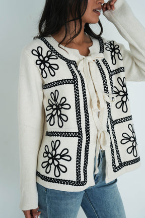 Cream Embroided Bow Cardigan