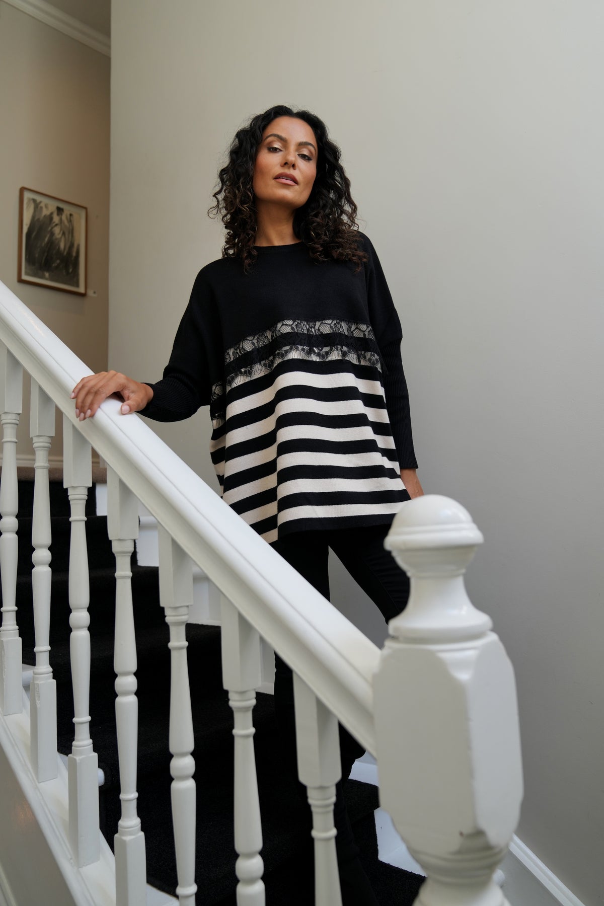 Black Striped Oversize Lace Jumper