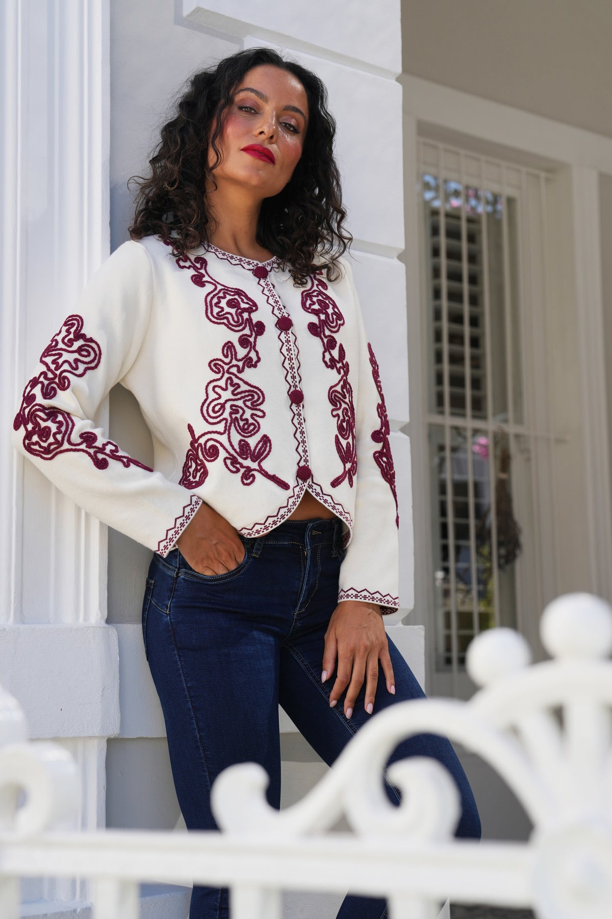 Cream Burgundy Theresa Cardigan