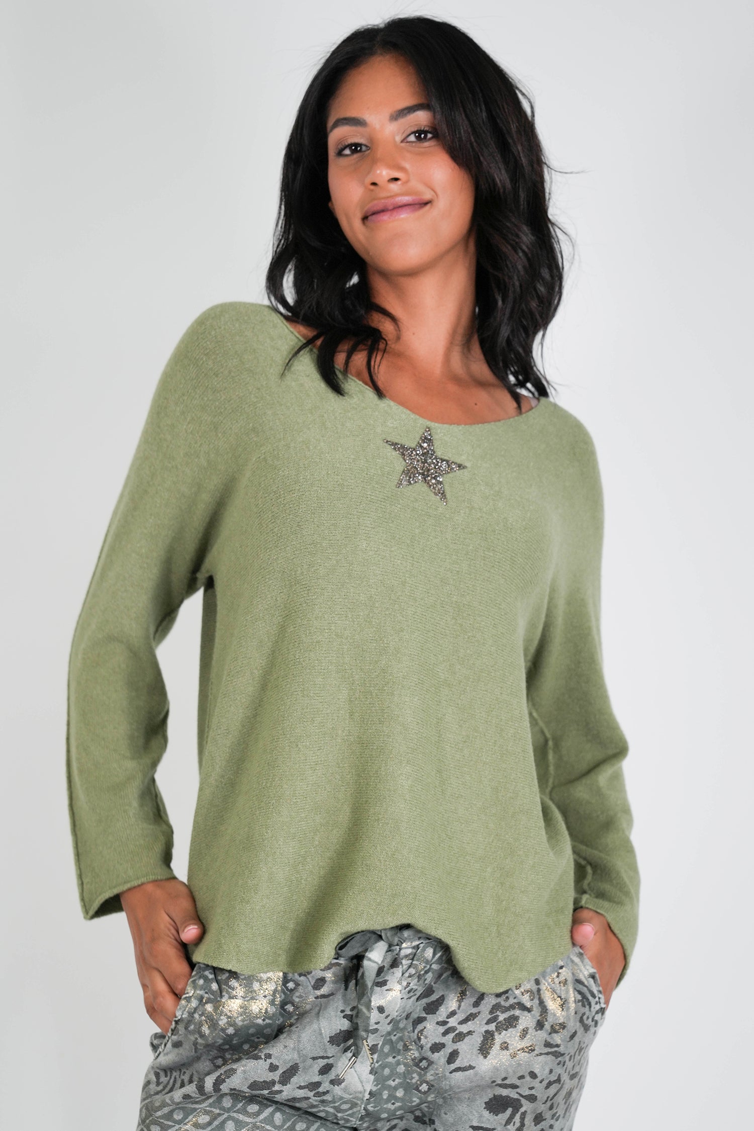 Olive Glitter Star Jumper