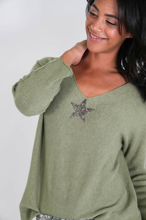 Olive Glitter Star Jumper