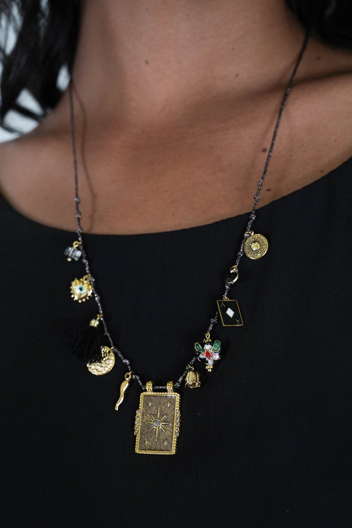 Black Tassel Charm Necklace