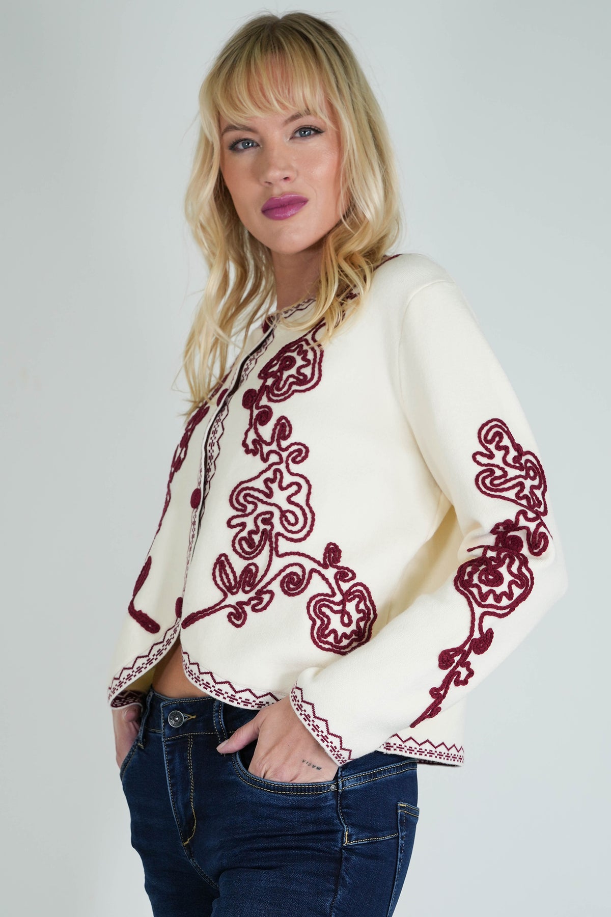 Cream Burgundy Theresa Cardigan