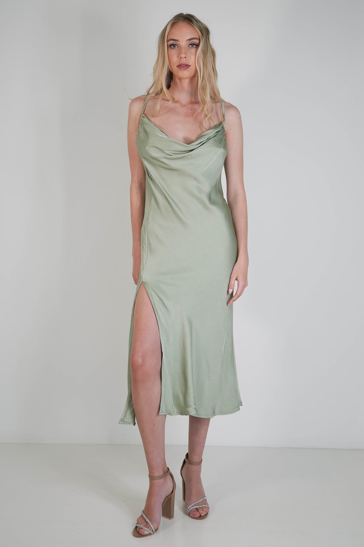 Olive Satin Slip Dress