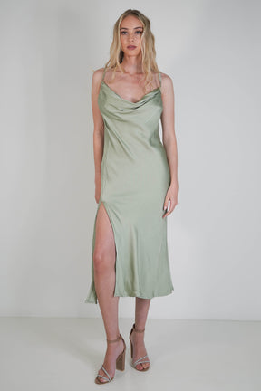 Olive Satin Slip Dress