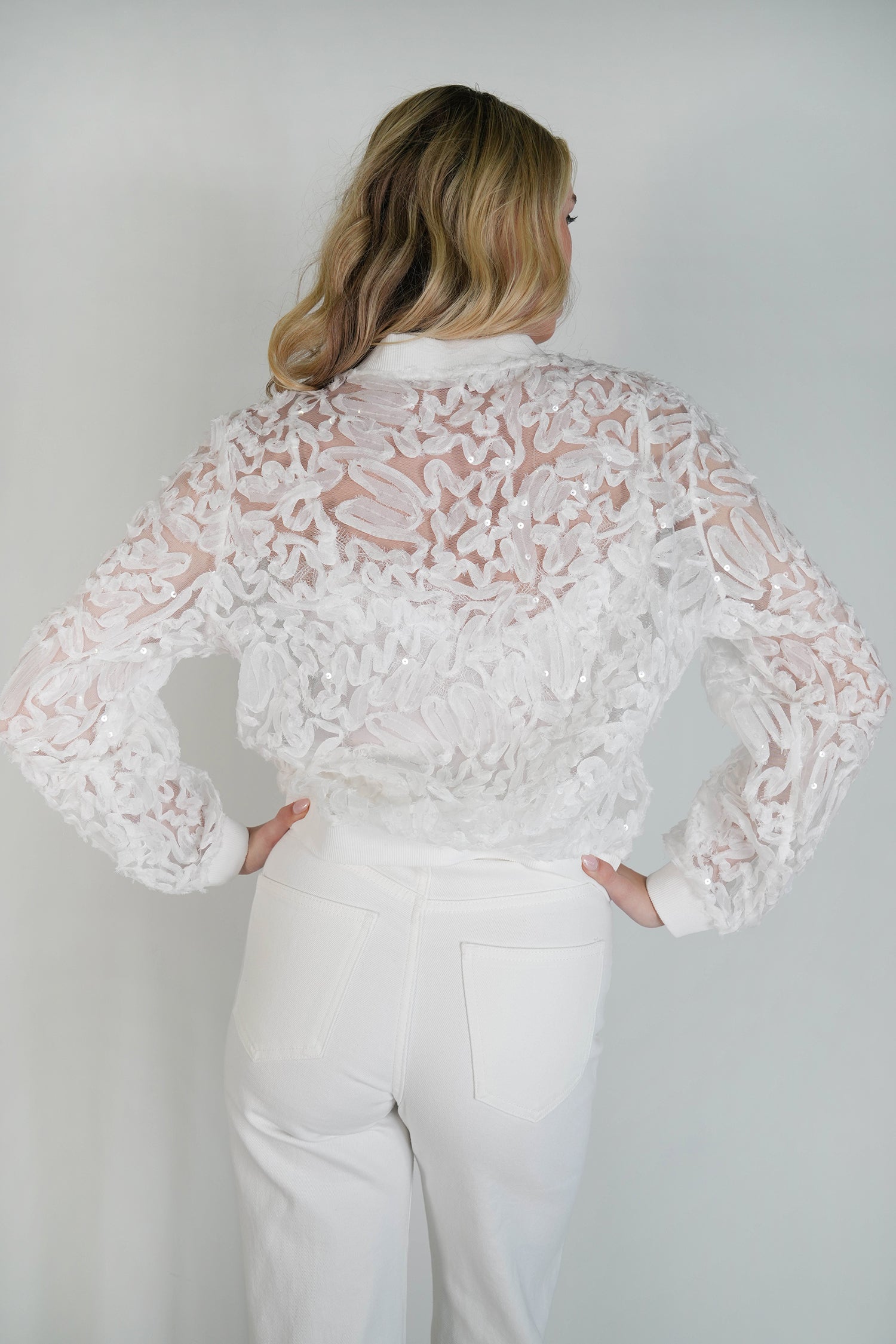 White Lace Sequin Bomber