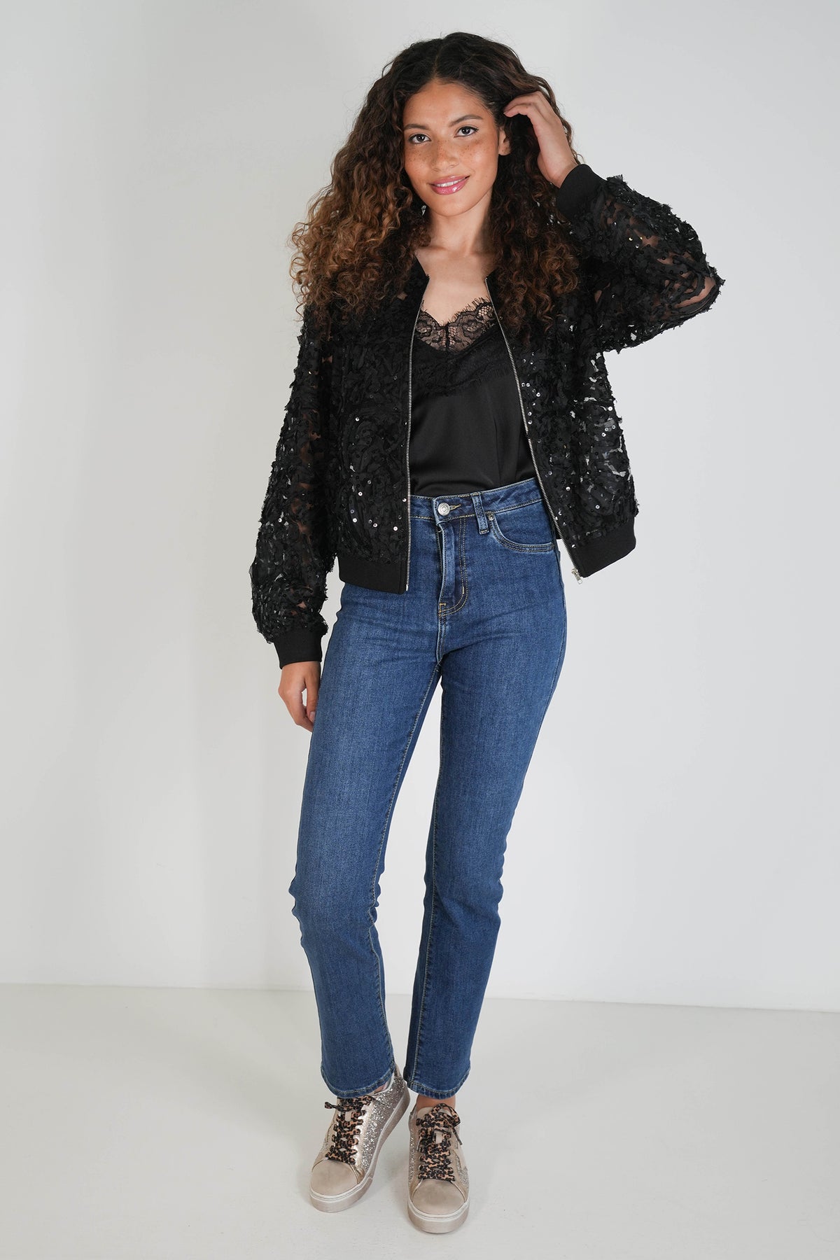 Black Lace Sequin Bomber