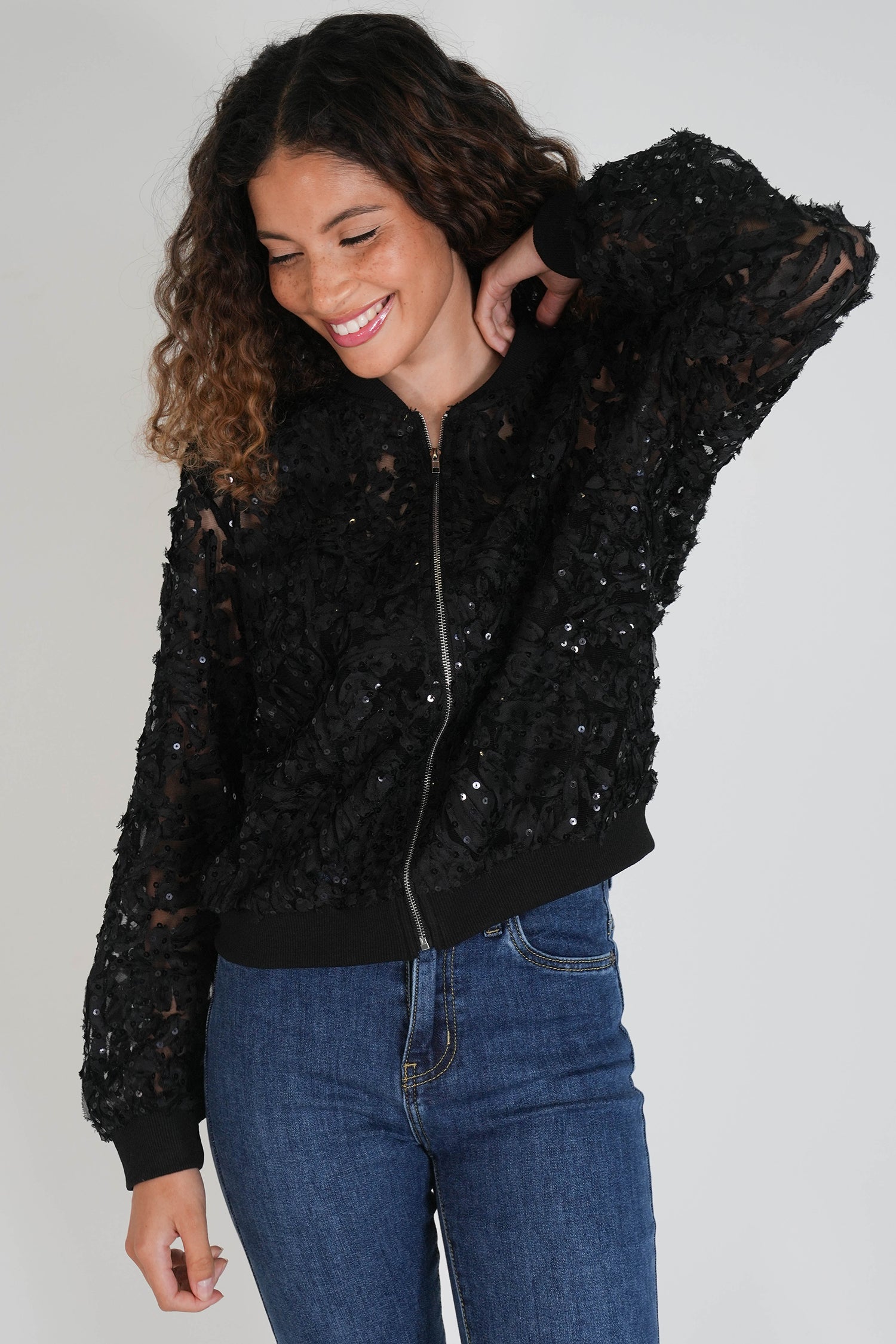 Black Lace Sequin Bomber