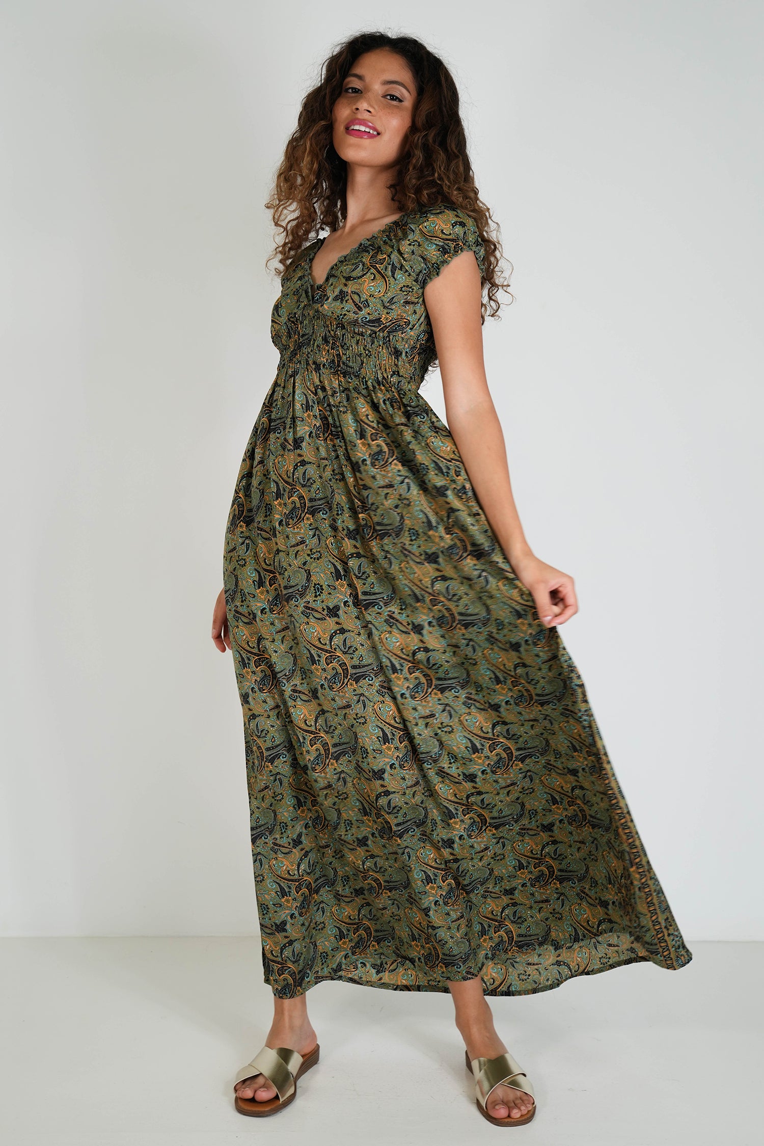 Green/Paisley Peasant Dress