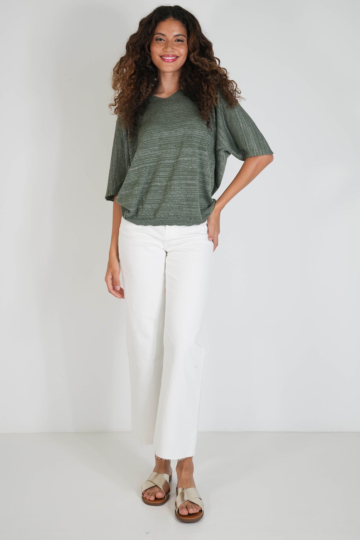 Olive Shimmer Knit Batwing Top