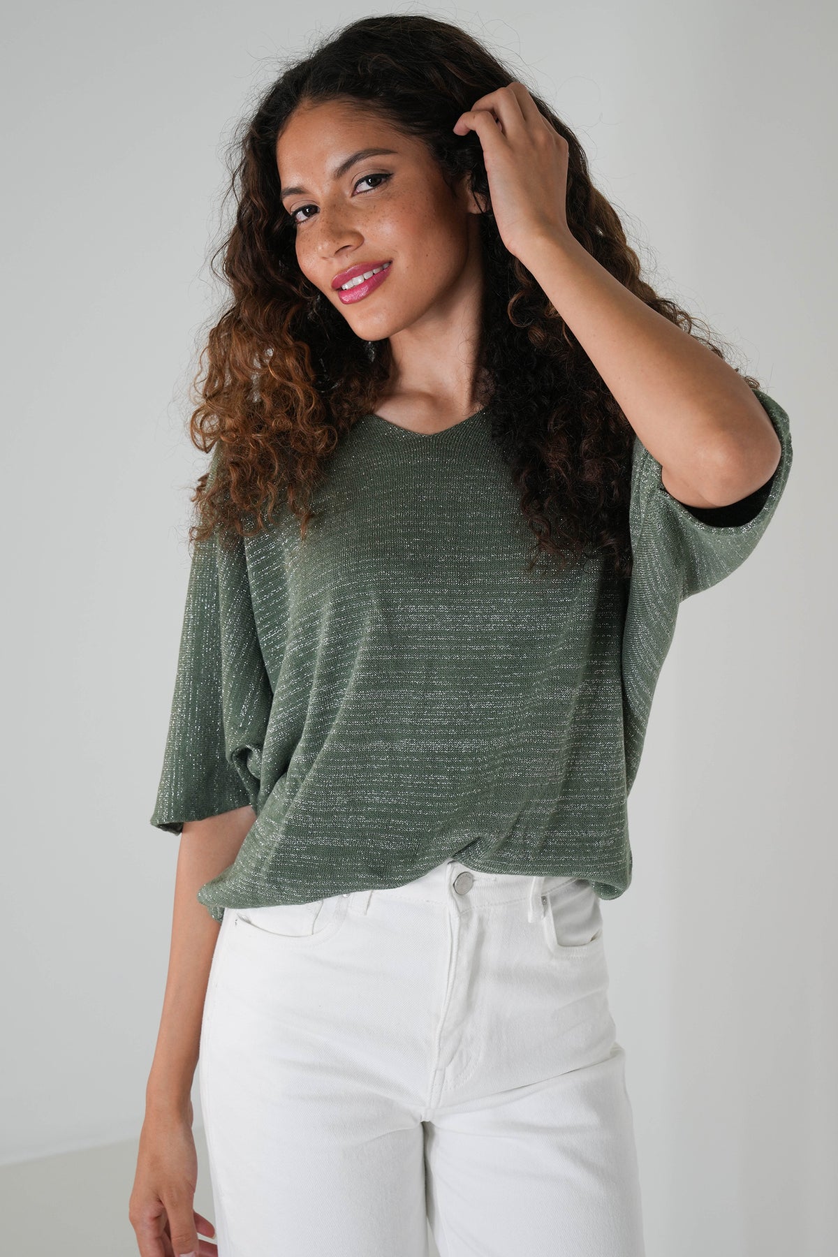 Olive Shimmer Knit Batwing Top