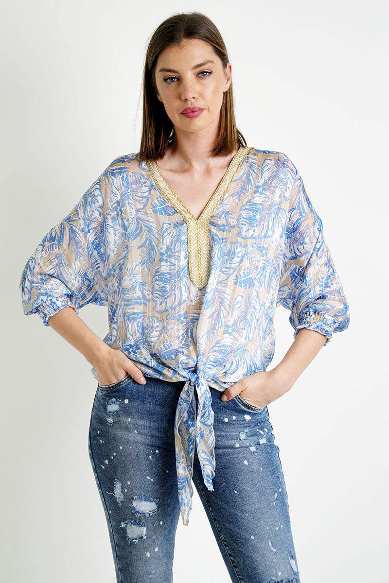 Blue Taupe Leaf Tie Top