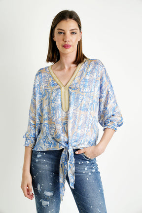 Blue Taupe Leaf Tie Top