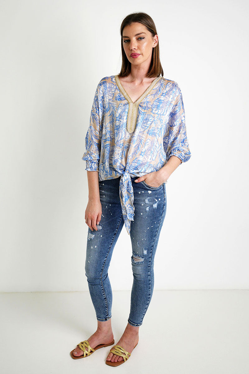 Blue Taupe Leaf Tie Top