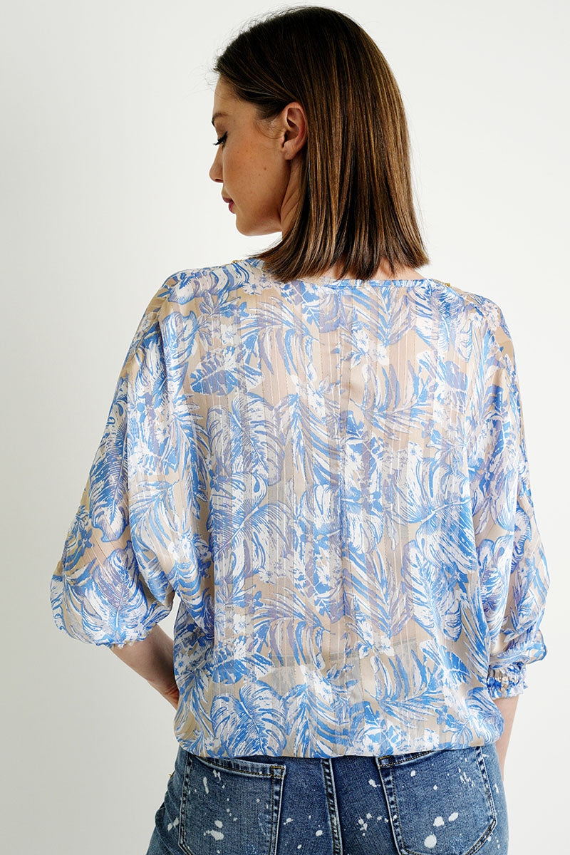 Blue Taupe Leaf Tie Top