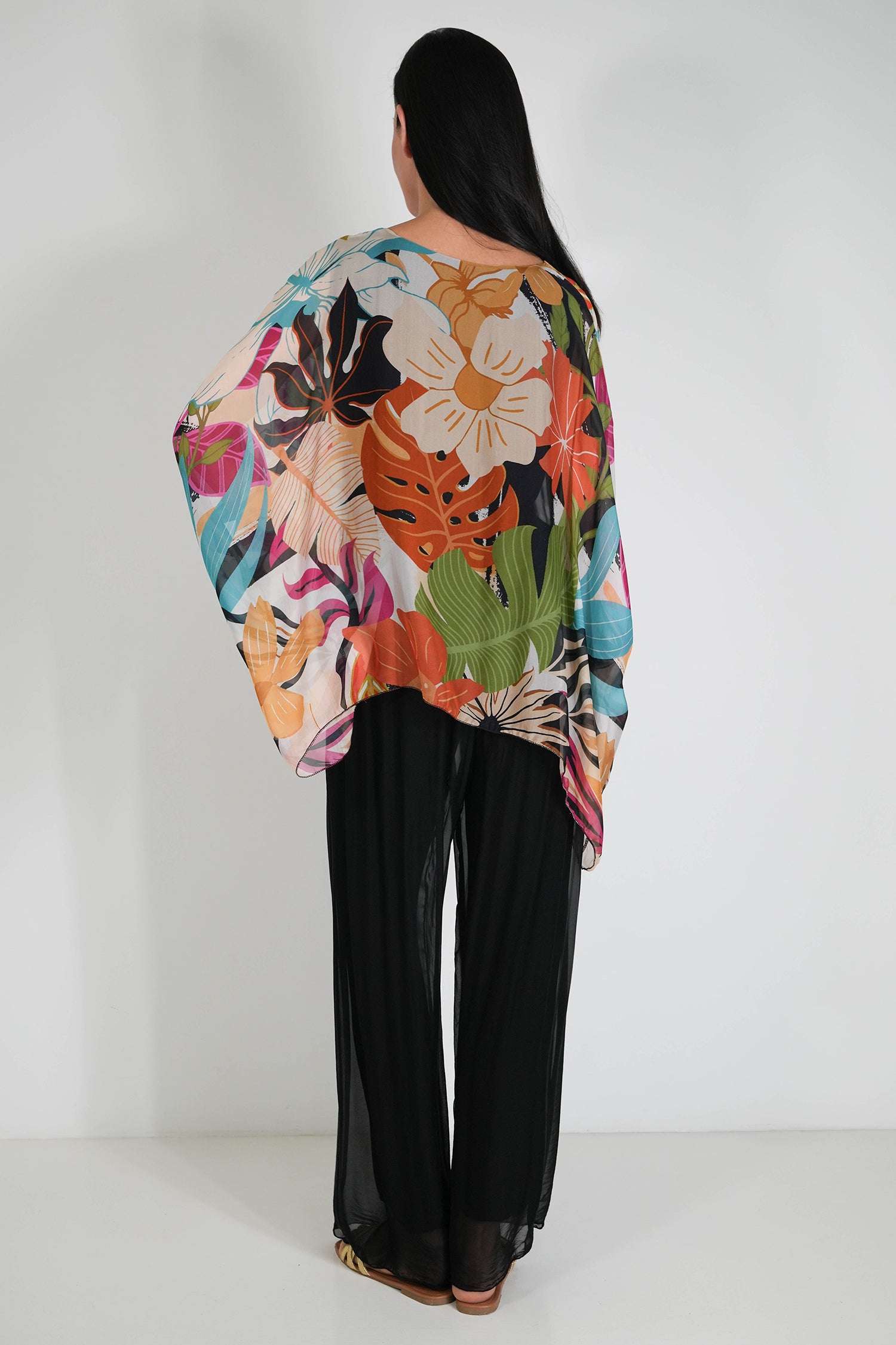 Black Tropical Silk Poncho