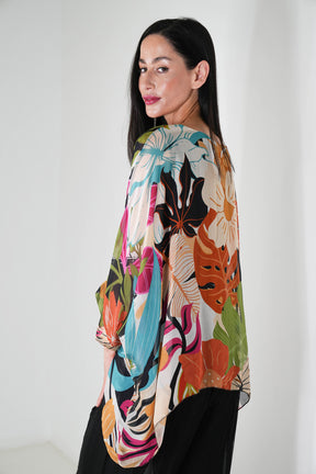 Black Tropical Silk Poncho