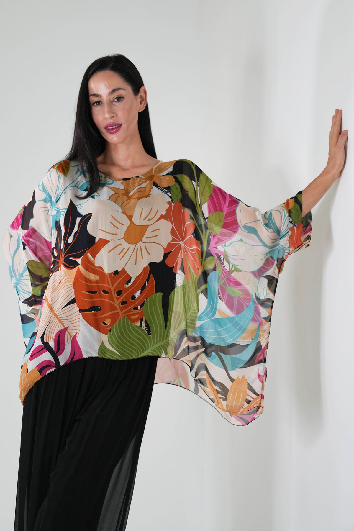 Black Tropical Silk Poncho