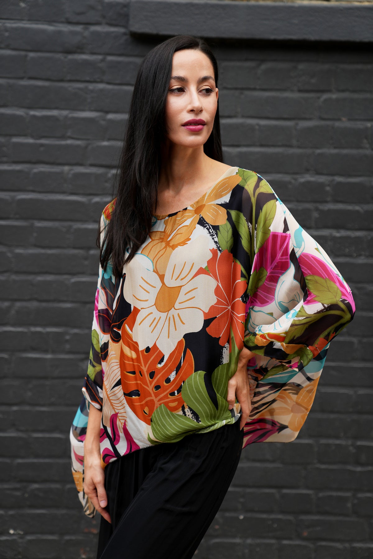 Black Tropical Silk Poncho