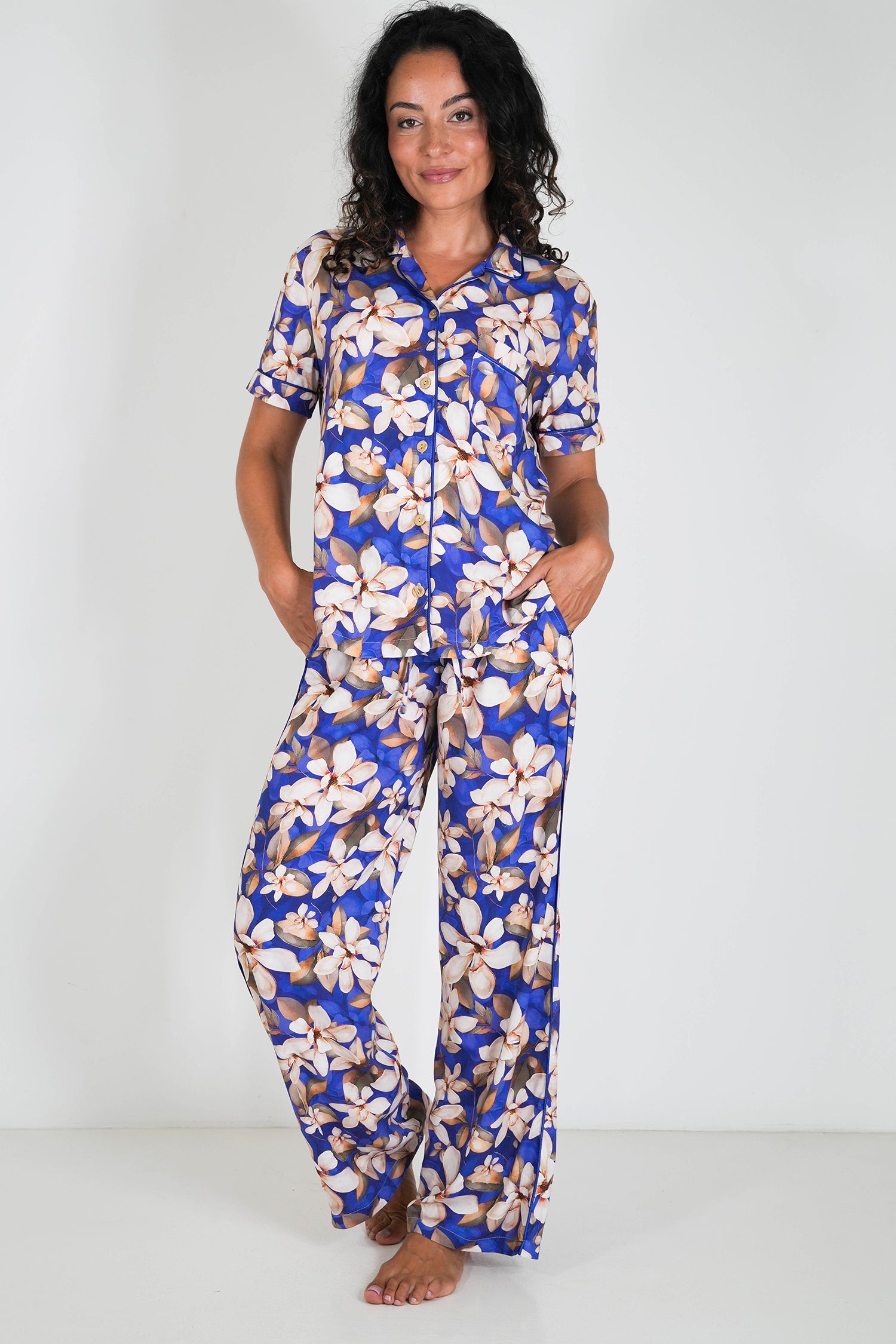 Cobalt/Floral Short Top/Long Bottom Set PJs