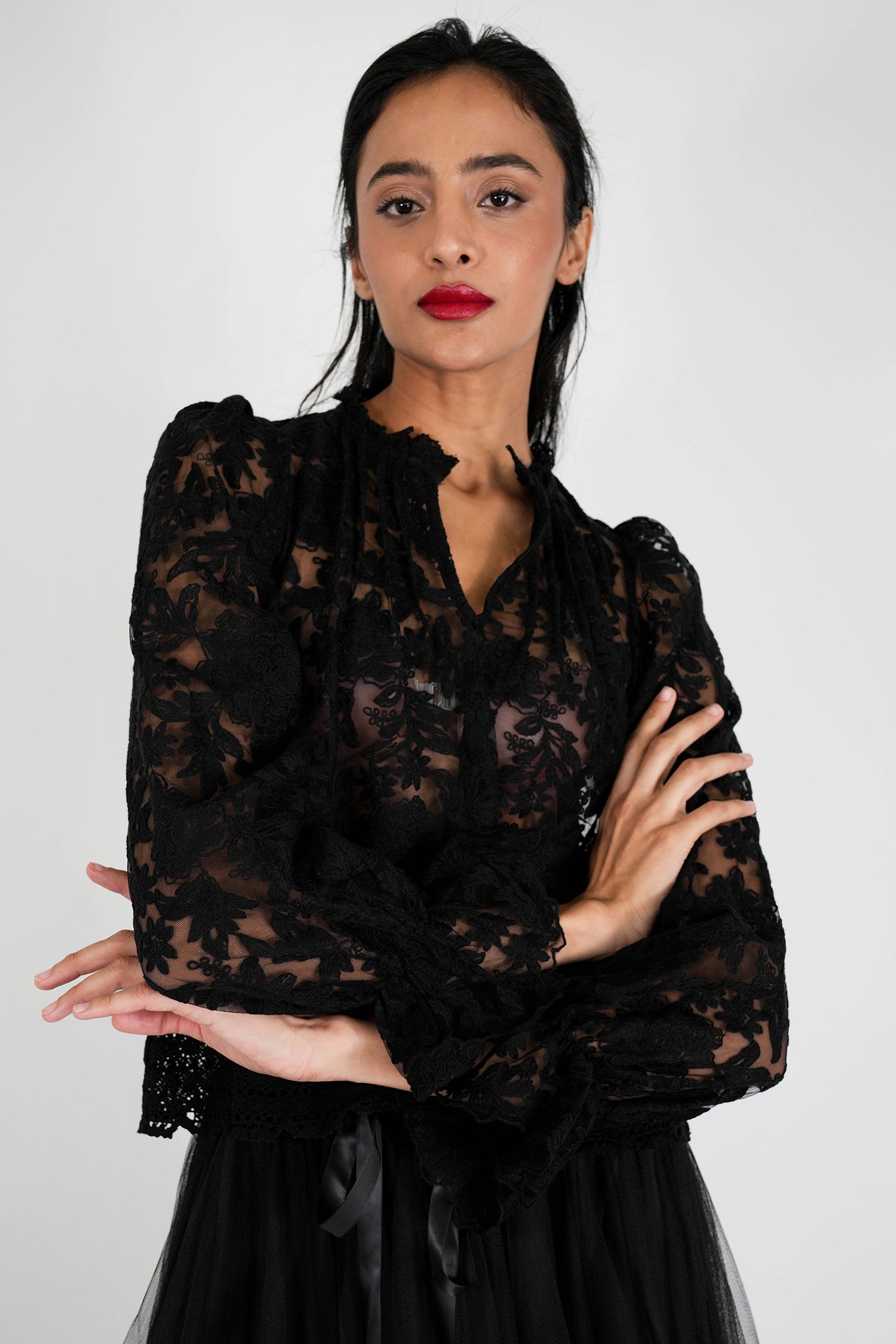 Black Lace Embroidered Blouse