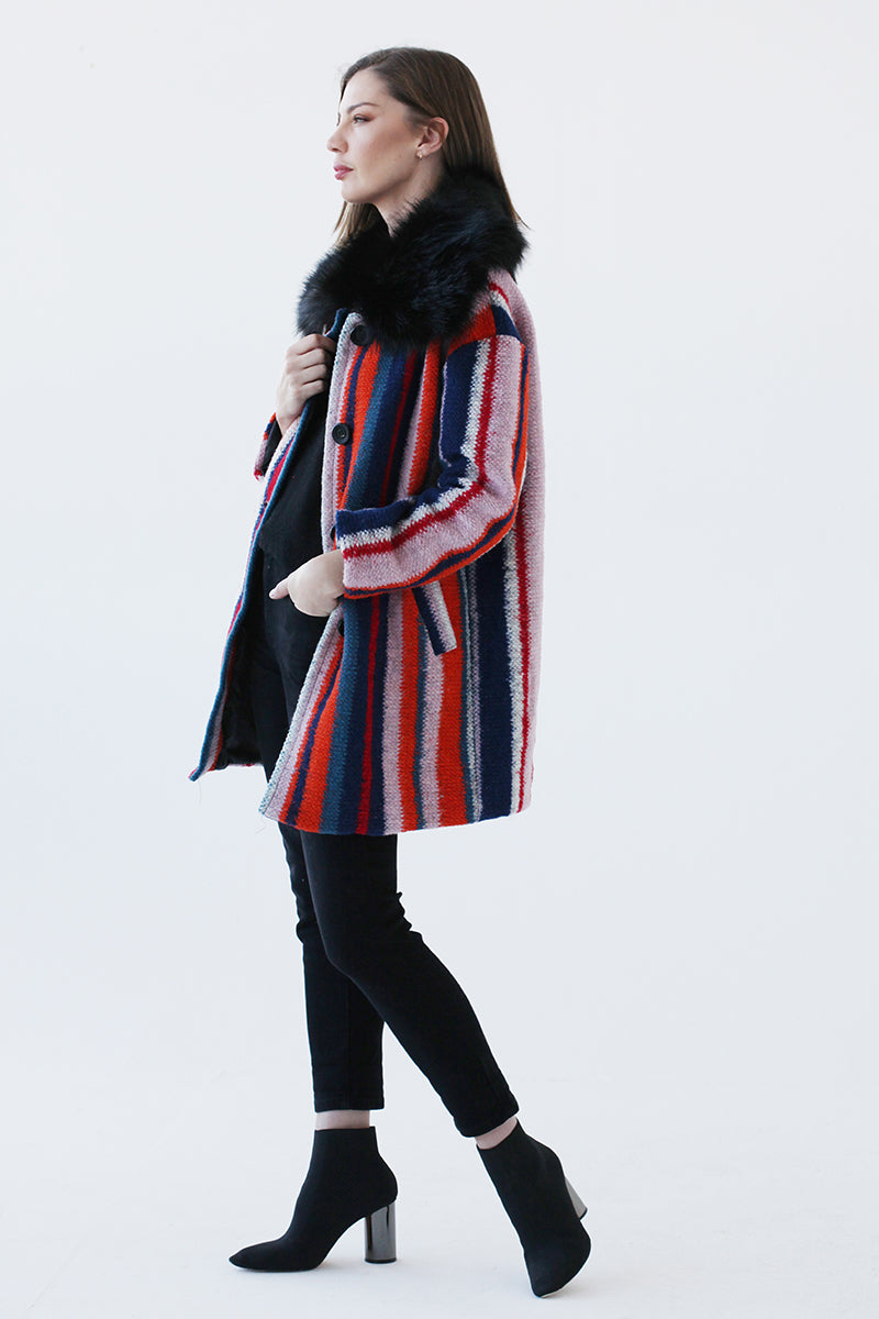 Tarren Striped Woollen Coat With Faux Fur