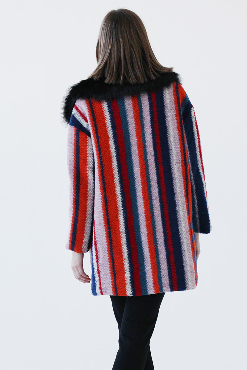 Tarren Striped Woollen Coat With Faux Fur